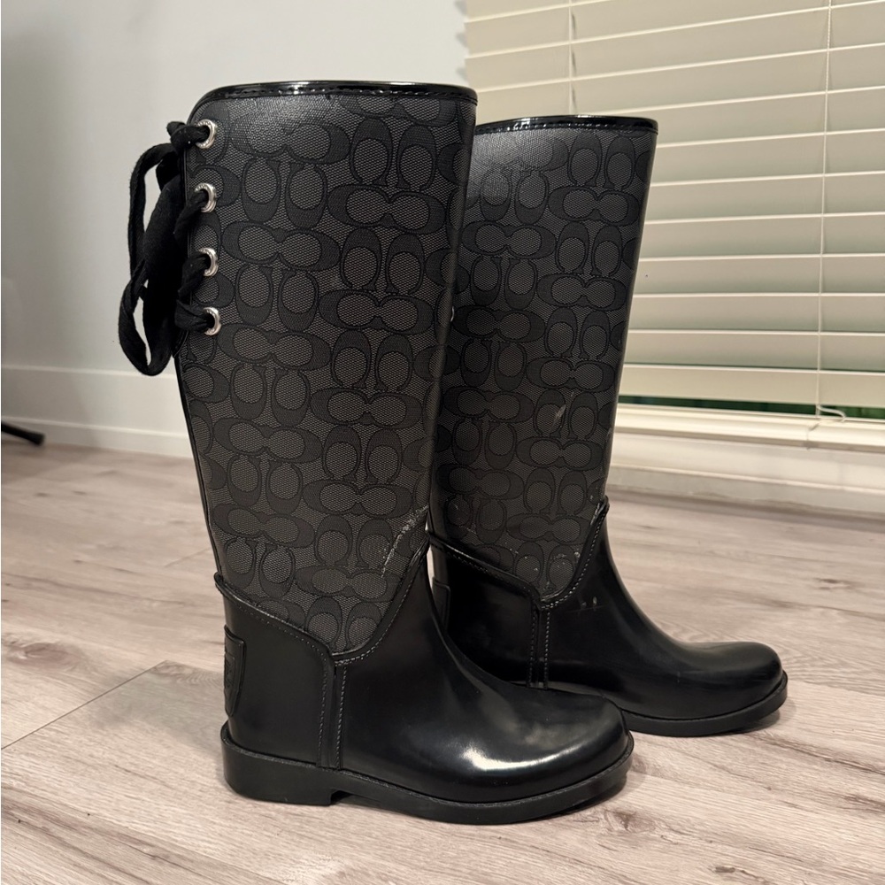 Coach Black Signature Logo Tall Lace-Back Rain Boots - Picture 2 of 11